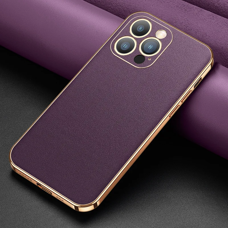Luxury Metal Frame + Leather Back Cover For Iphone 13 Pro Max Business Pocket Thin Luxury Lens Fall Protection Case