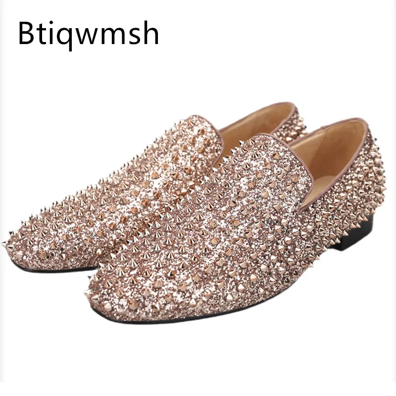 

Rose Gold Spiked Loafer Shoes Man Pointed Toe Rivet Studded Sequined Real Leather Slip On Flats Male Party Shoes
