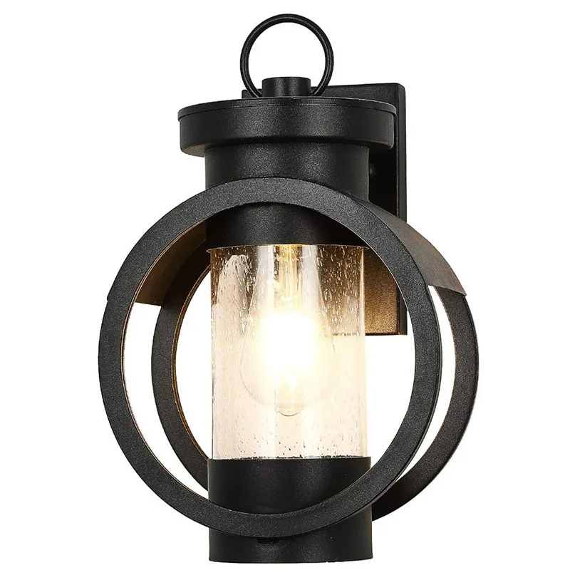 Industrial Metal Outdoor Waterproof Wall Lantern Lamp, Modern Wall Mounted Light Fixtures with Glass Porch Lighting Matte Black