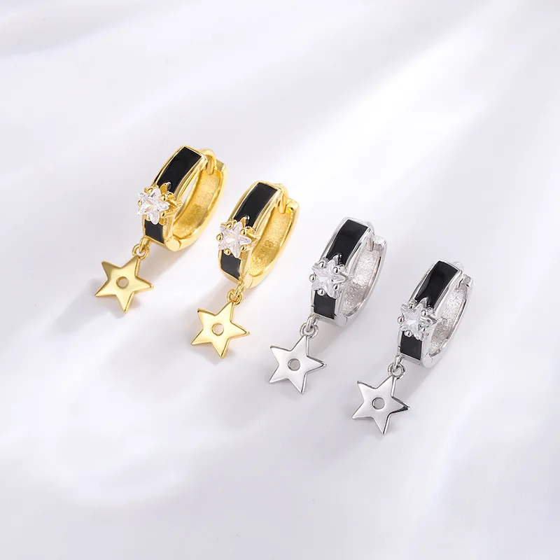 

S925 Sterling Silver Short Tassel Five Point Star Earrings for Women's Fashion Commuter Simple Ear Buckle Ear Hole Ear Jewelry