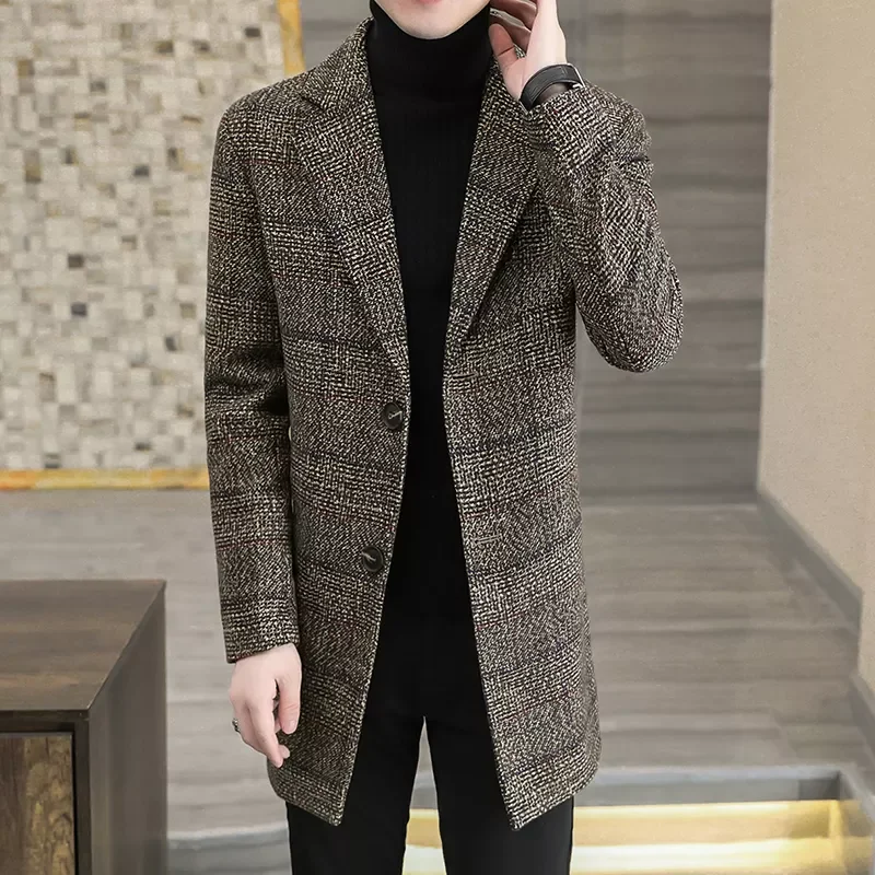 

2021 Autumn Winter Men's Wool Blends Trench Coat Jacket Long Slim Casual Business Jacket Windbreaker Men Steetwear Overcoat