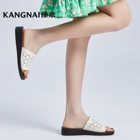 kangnai slippers women shoes cow leather pleated open toe hollow out outside slides summer flats casual ladies beach shoes