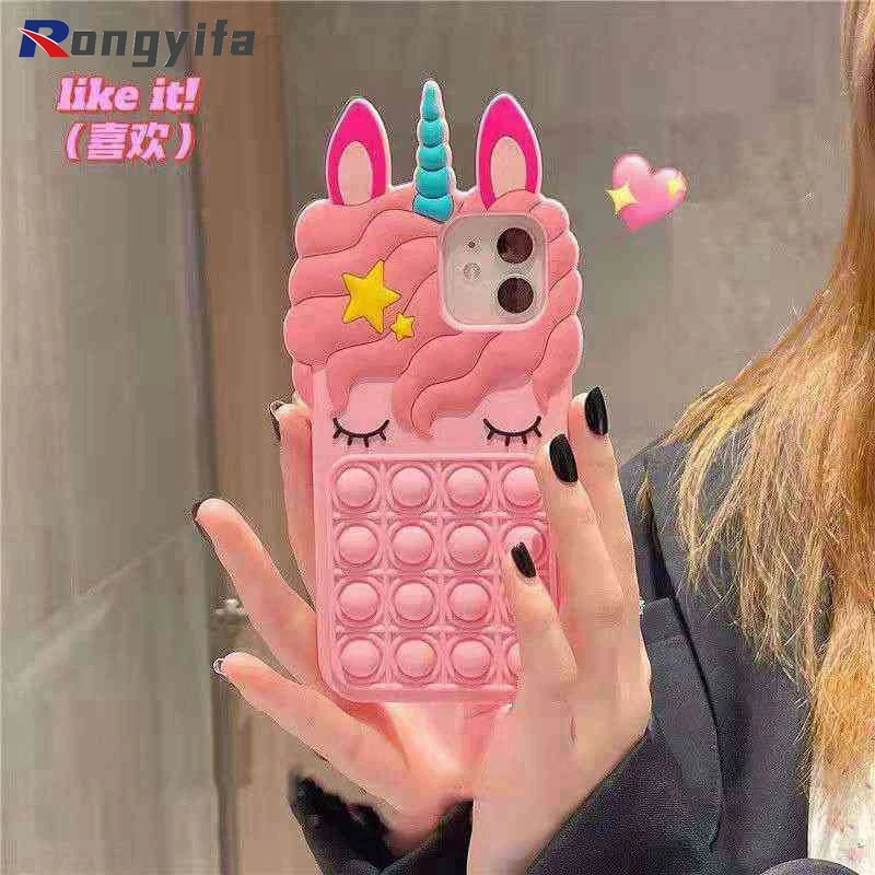 For iPhone 13 14 12 11 Pro Max Mini X XR XS Max 6 7 8 6s Plus SE 5 5s Unicorn Case Pop Fidget Toys Push It Bubble Silicone Case