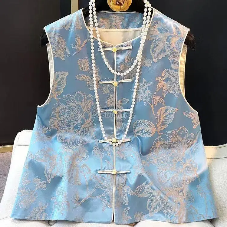 

2022 autumn new blue floral printing vest women minority retro tang suit Chinese style button top all-match vests qipao vest pd