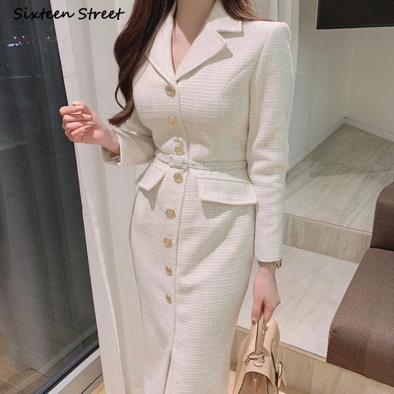 

White Long Tweed Dress Women Golden Button Winter 2022 Turn-down Elegant Woolen Blend Dress Ladies Business OL Vestidos 2022