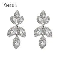 zakol trendy leaf water drop cubic zirconia stud earrings for women luxury female copper alloy wedding jewelry ep2956