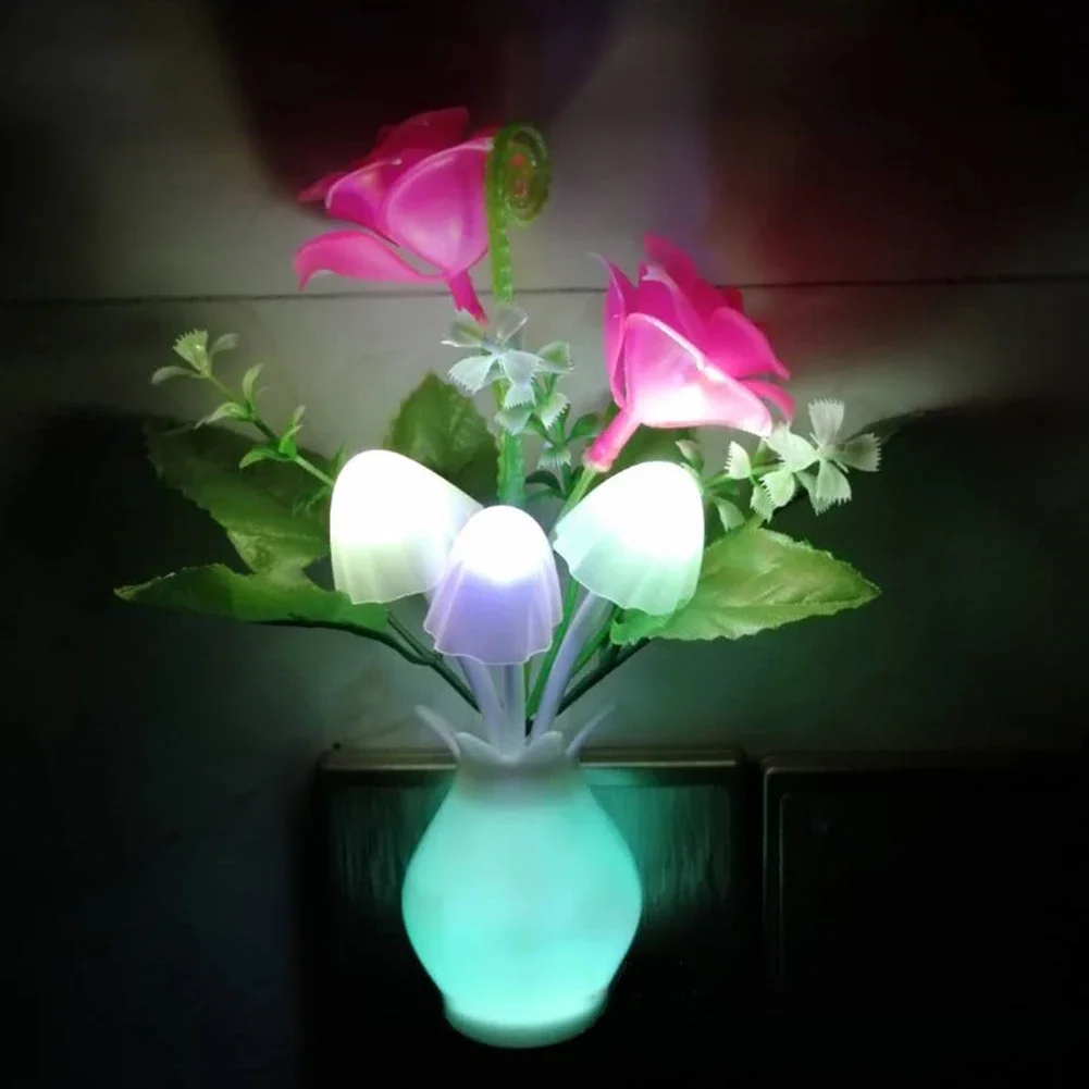 0.5W LED Night Light With Auto Sensor Energy Saving Rose Flower Mushroom Plug In Lamp For Bedroom Bathroom Living Room Kitchen