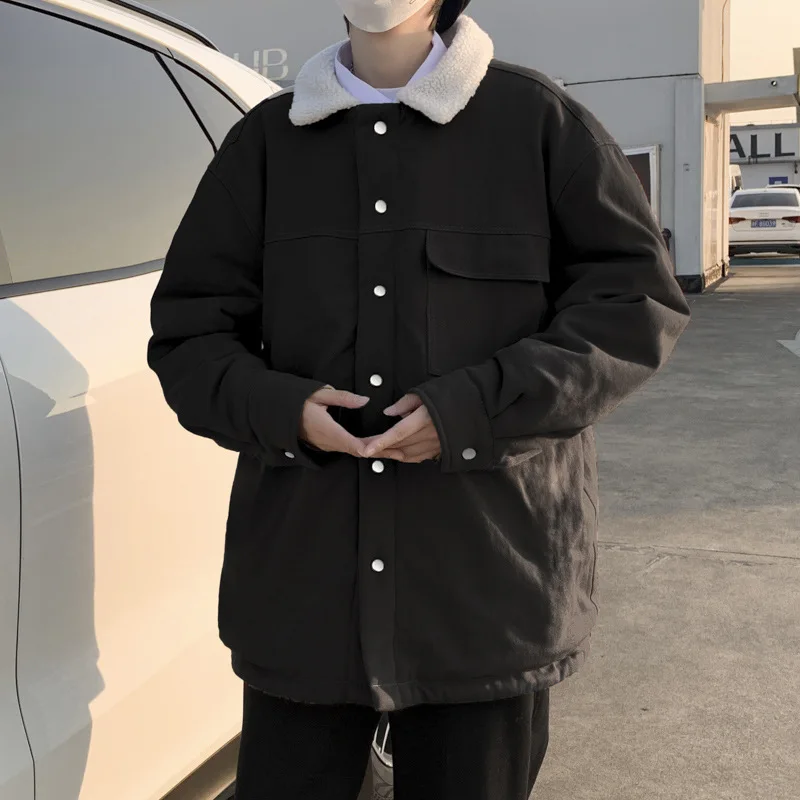 Men's Simple Faux Lamb Cashmere Tooling Jacket Thick Casual Loose Japanese Winter Coats  Outdoor Harajuku Mens Clothing