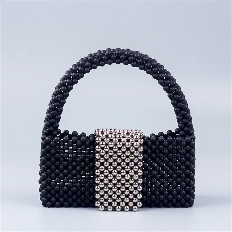 Fashion Black Hand-woven Pearl Handbag for Women New Acrylic Evening Party Clutch  Top-handle Purses Female 2022 Bolso Mujer