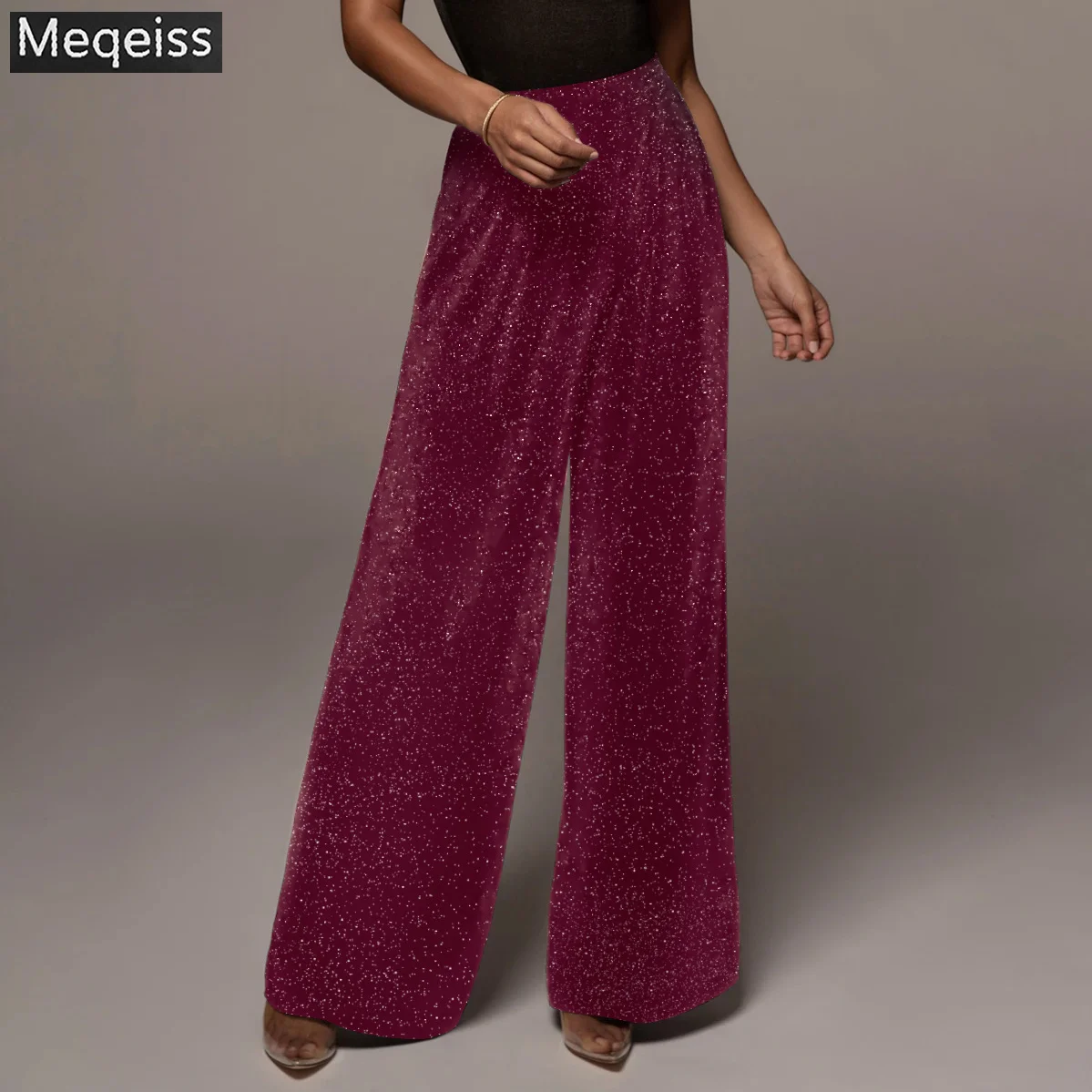 Meqeiss Shinny Trousers Blingbling Button Long Pants Wide Leg Suit Pants Casual Office Ladies Silver Formal Trousers Urban Pant