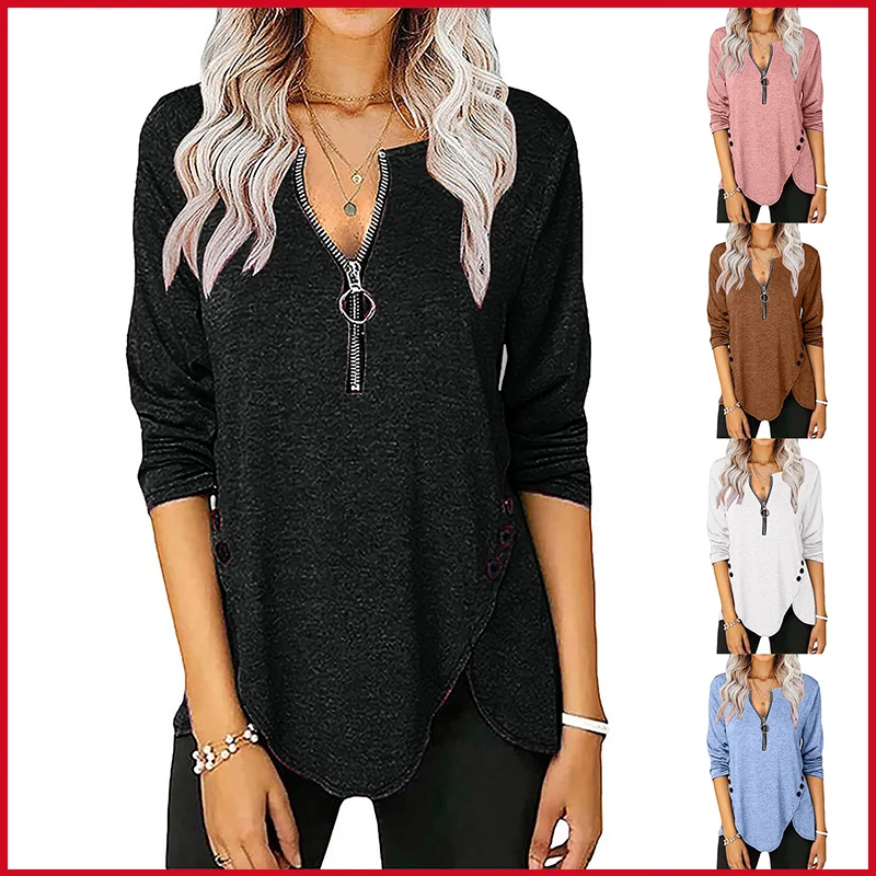 

Spring Street Style Zipper V-Neck Solid T-shirt Women Clothes Long Sleeve Fashion Casual Tops Loose Irregular Button Tee Shirt