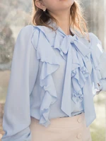 solid ruffled bow chiffon women tops vintage summer autum chic casual blouse long sleeve loose office ladies single breasted top