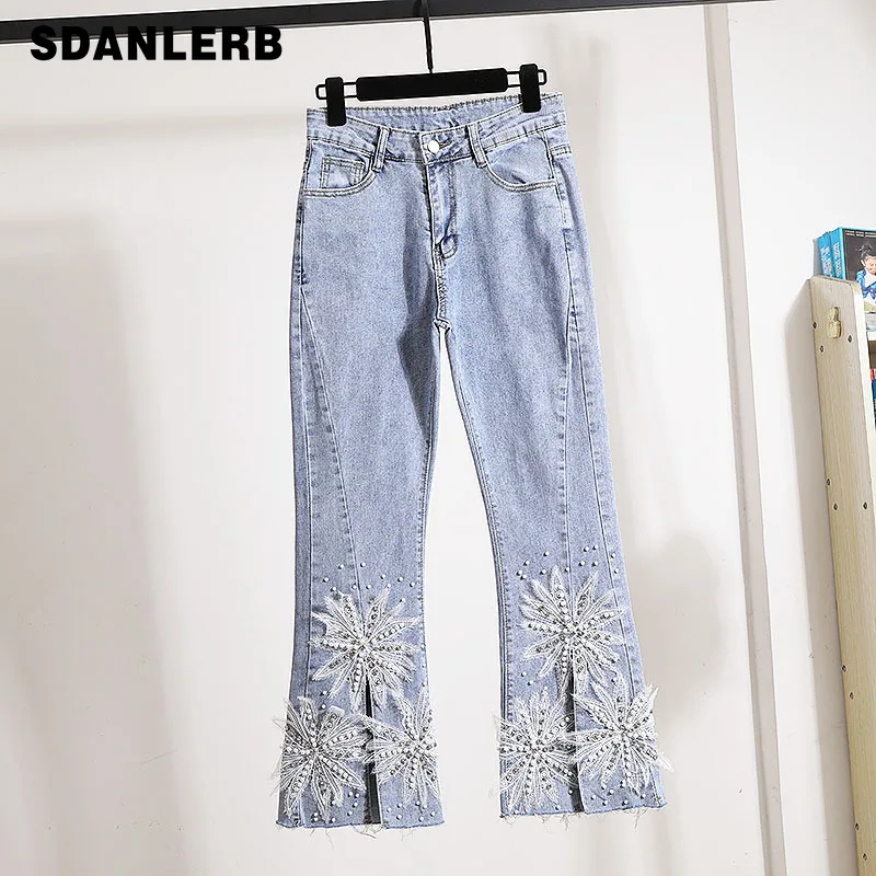 

Slightly Flared Long Denim Pants 2022 Spring Autumn New High Waist Jeans Women's Fashion Beading Slit Jeans Trousers