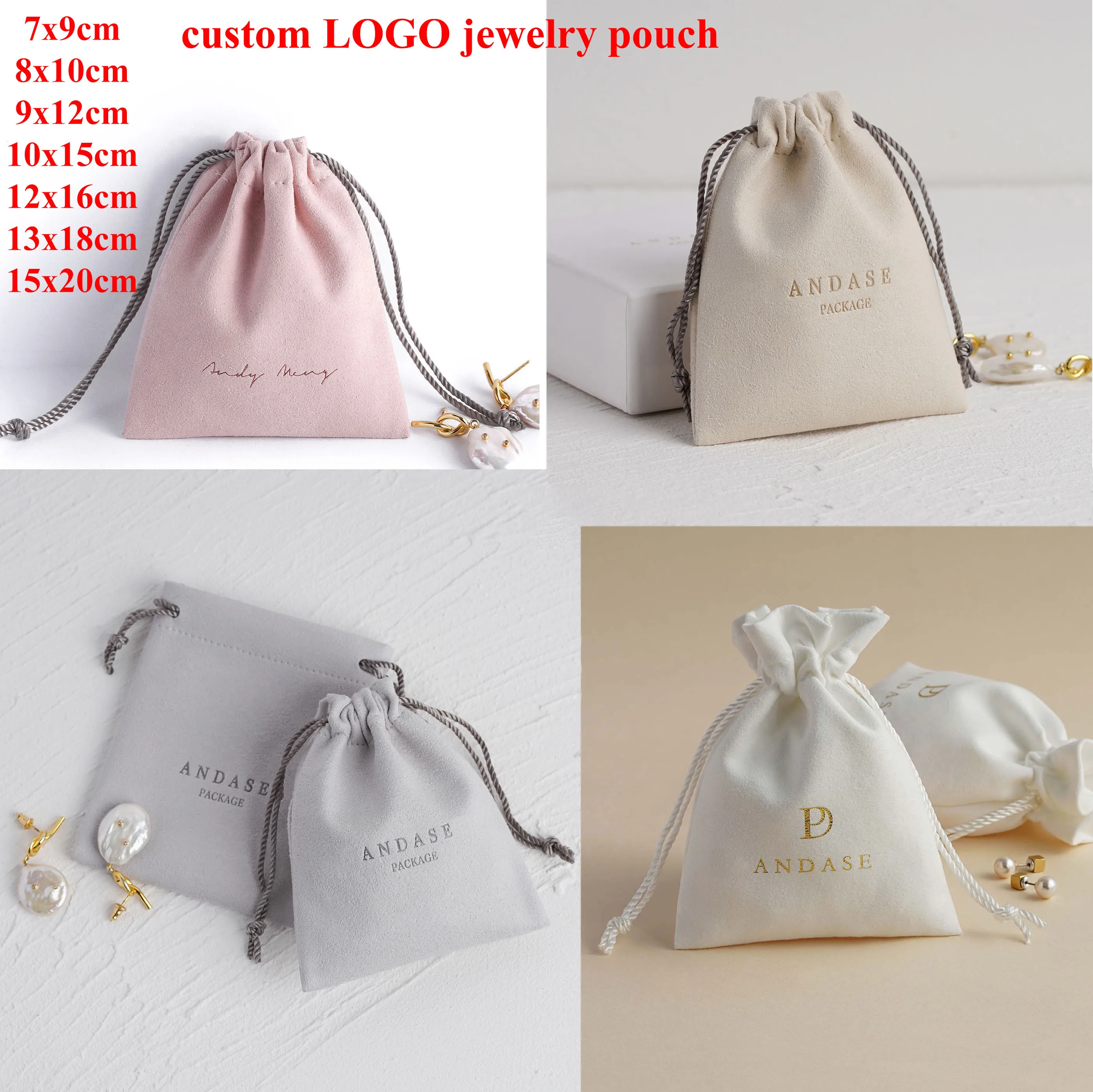 100pcs 7x9 10x15cm 15x20 Custom Logo Microfiber Leather Jewelry Pouches Personalized Small Bag Earrings Ring Necklace Gift Bags