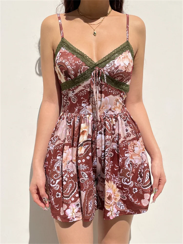 

hirigin Sexy Lace V Neck Backless Spaghetti Strap Bodysuits Y2K Aesthetics Vintage Floral Playsuits Rompers Boho Beach Jumpsuits