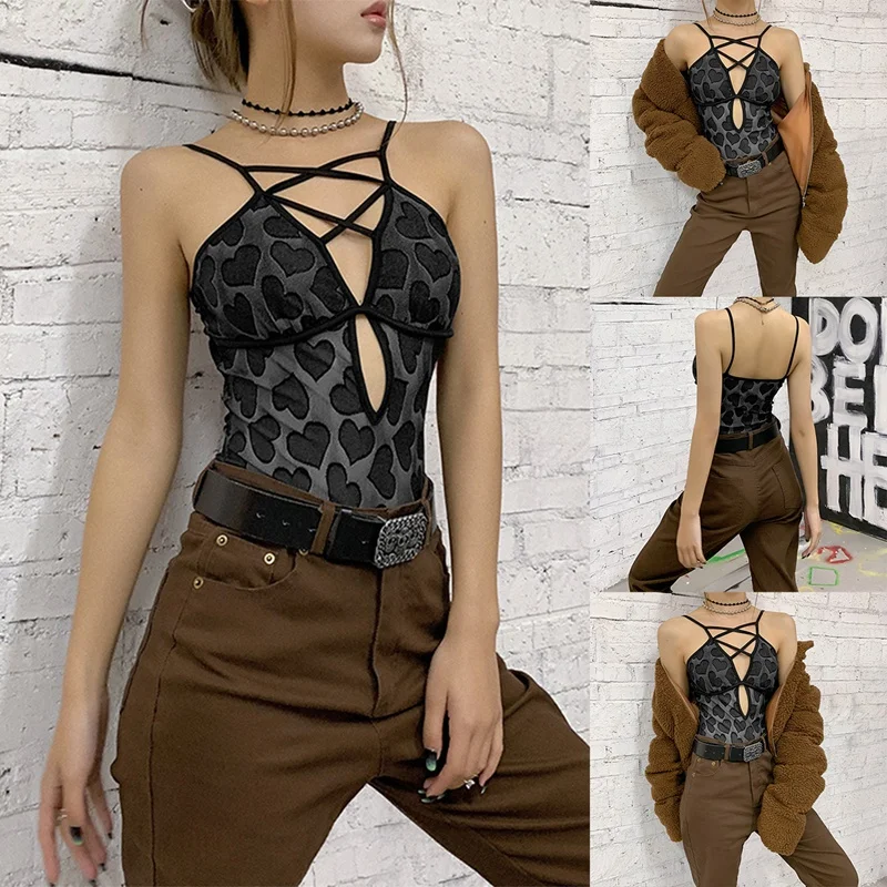 

ASDS-Fashion Sexy Black Print Love Bandage Camisole Bodysuit Women Casual Slim Skinny Club Bodysuit Summer