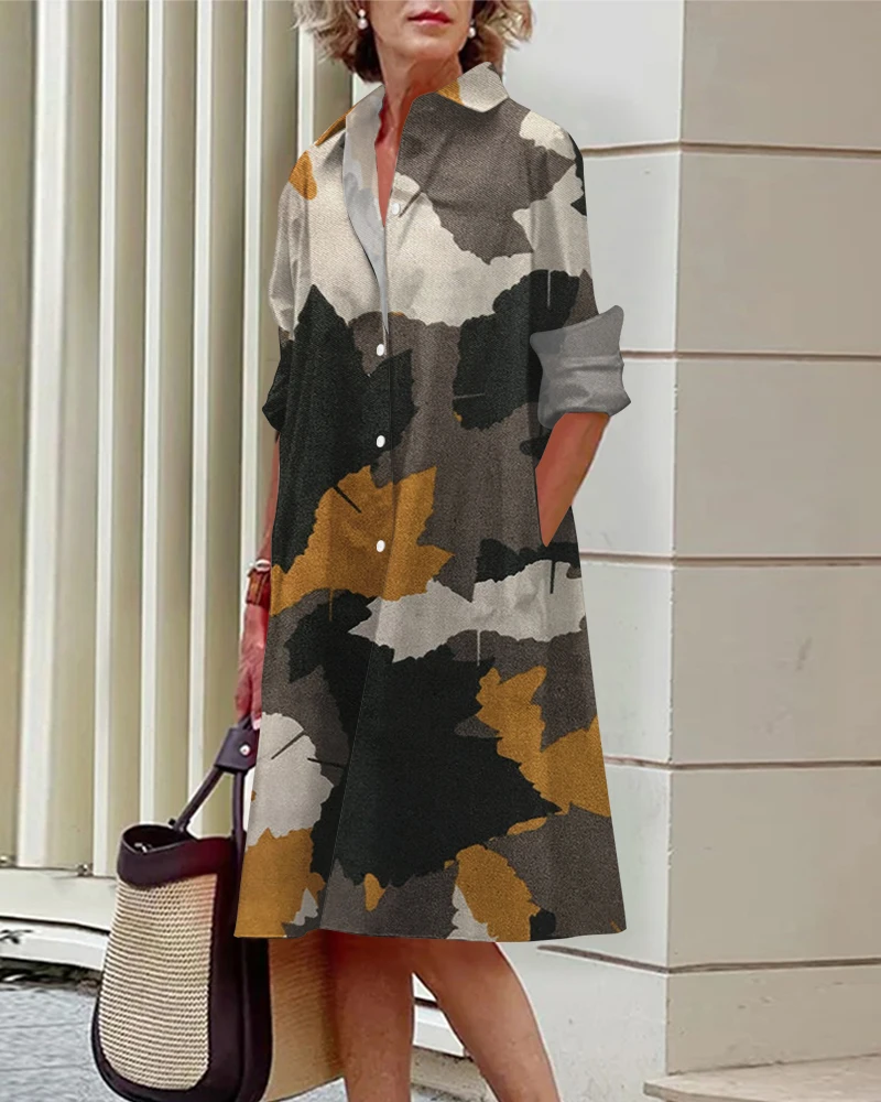 Женское платье-рубашка с длинным рукавом элегантная юбка до колена отложным