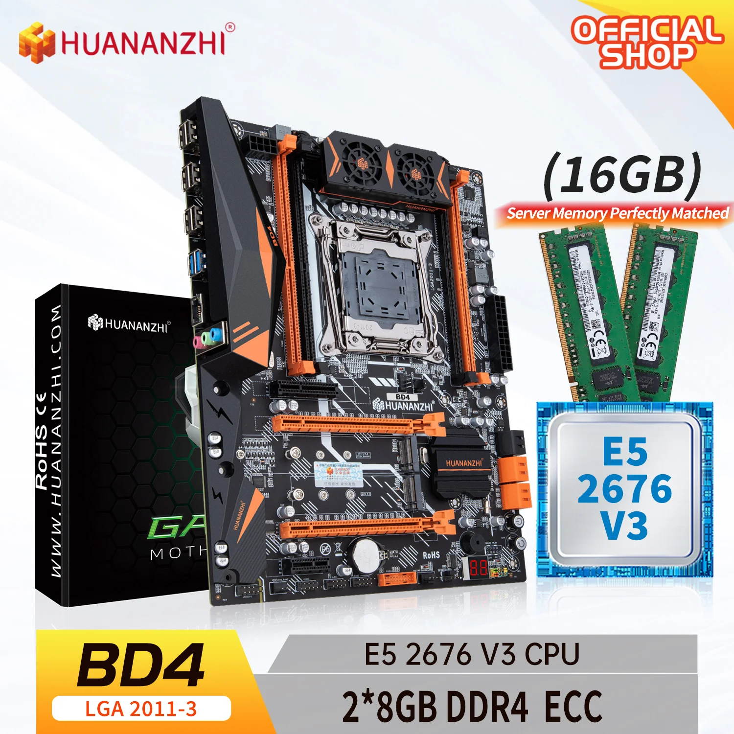 

HUANANZHI X99 BD4 LGA 2011-3 XEON X99 Motherboard with Intel E5 2676 v3 with 2*8G DDR4 ECC memory combo kit set NVME NGFF