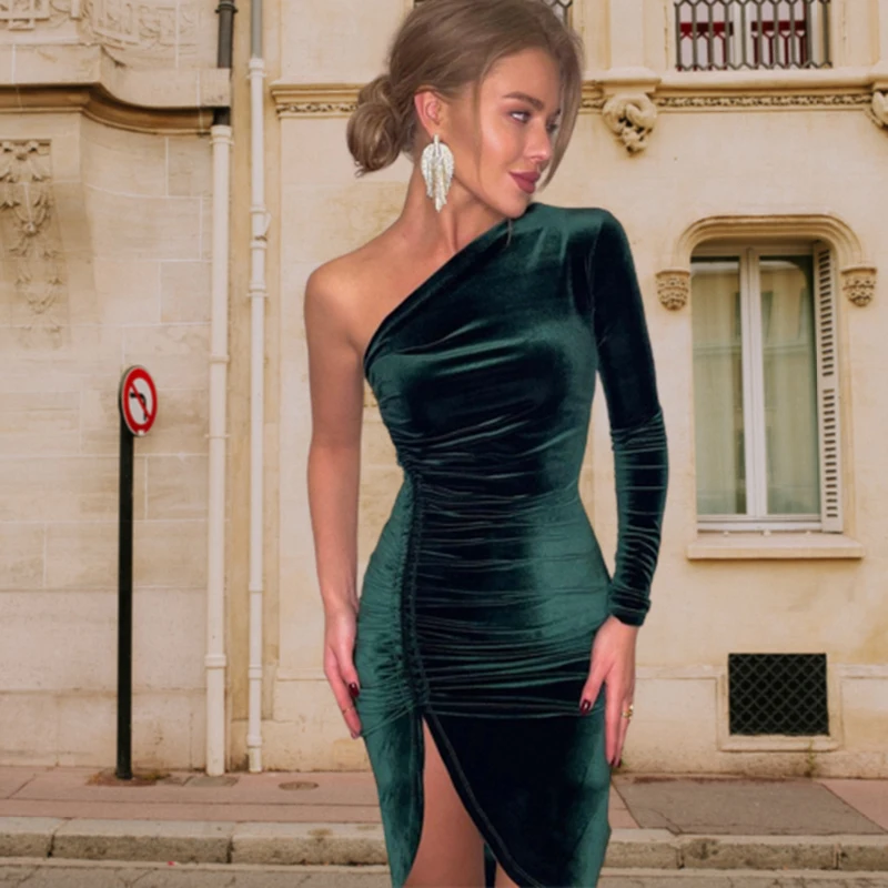 New Solid Long Sleeve One Shoulder Ruched Slit Velvet Midi Dress Sexy Party Club Elegant Bodycon Dresses Femme Robe Longue