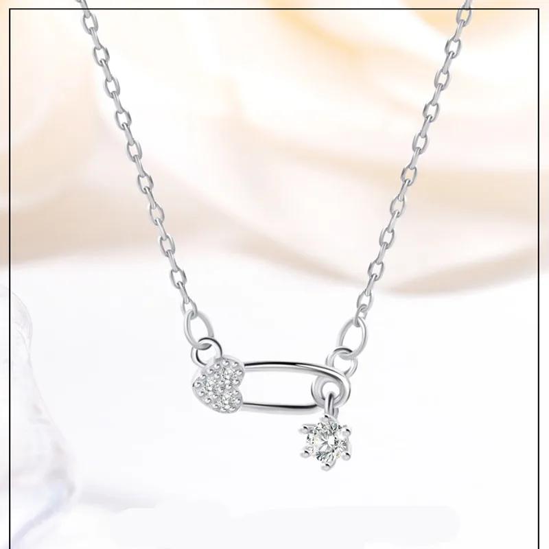 

New Ladies 925 Sterling Silver Necklace Heart Pin Inlaid Zircon Clavicle Chain Fashion Jewelry Couple Sweet Romantic Gift