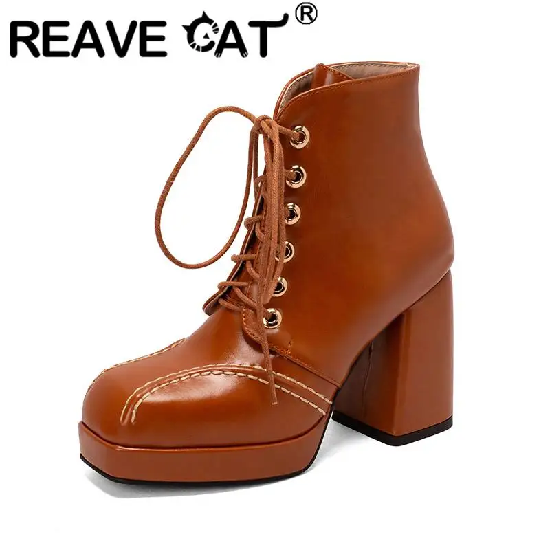

REAVE CAT Women Mid Calf-Boots 11cm Square Toe Chunky Heels 10cm Lace-up Splice Large Size 33-48 Solid Office Lady Shoes S4183