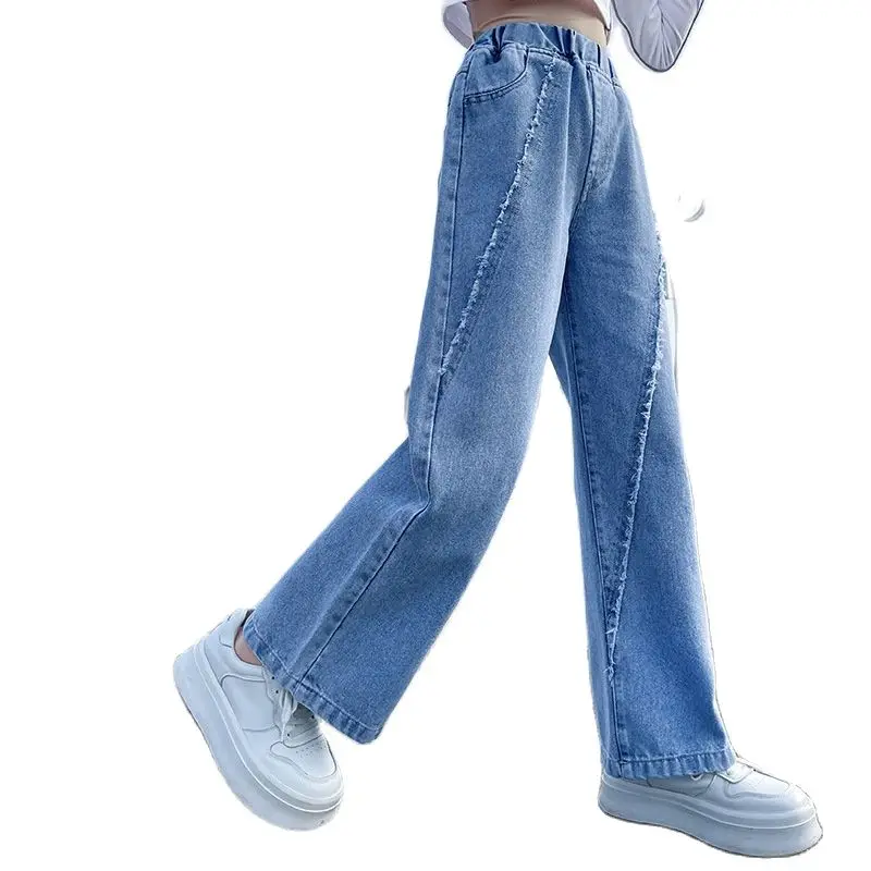 

Spring Autumn Clothing Girls Fashion New Jeans Teens Clothes Trousers Kids Baby Raw Edge Stitching Wide Leg Denim 8 10 12 14 Yrs
