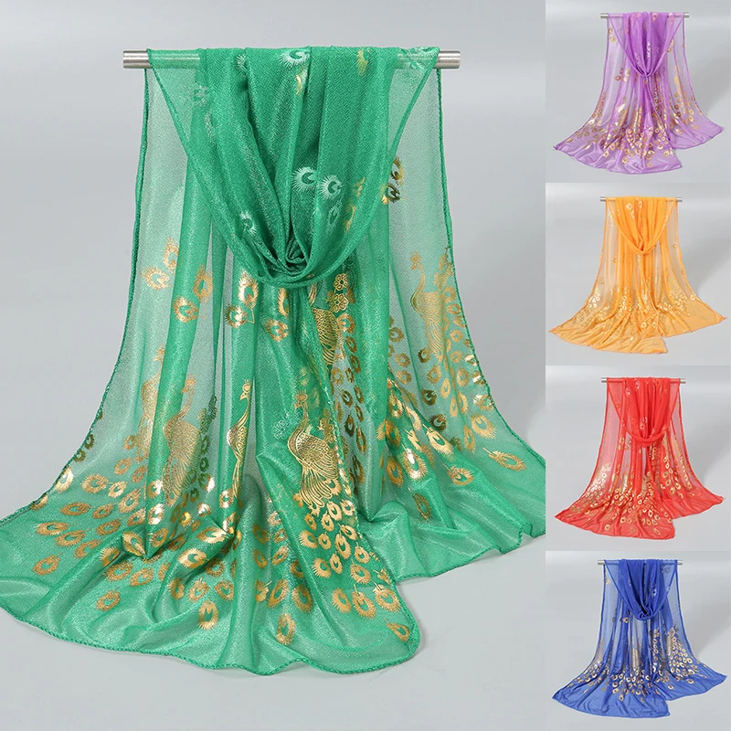 

Шаль-палантин с принтом павлина из жоржета золотого цвета шифоновый длинный однотонный хиджаб-шарф блестящий тонкий глушитель солнцезащитный легкий шарф