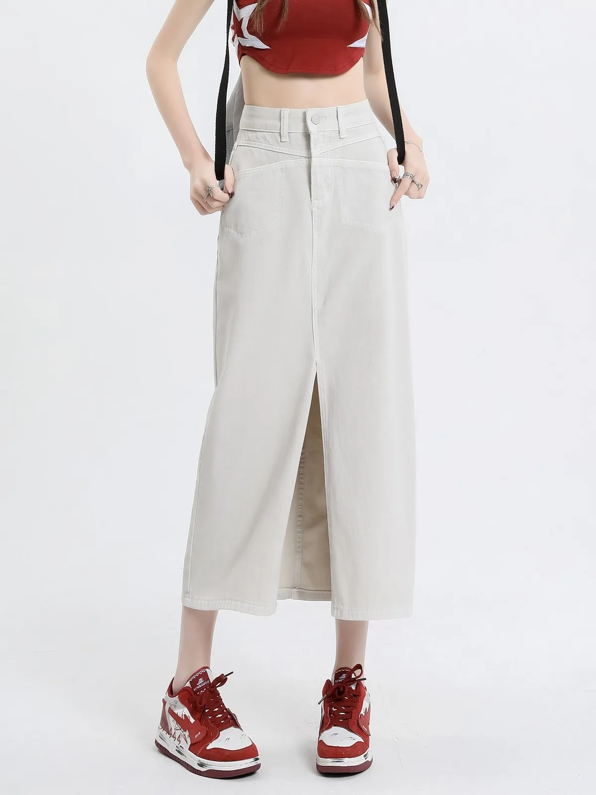 

Новая белая длинная юбка ZHISILAO с высокой талией, Женская винтажная Повседневная прямая юбка с разрезом, модель 2023 года