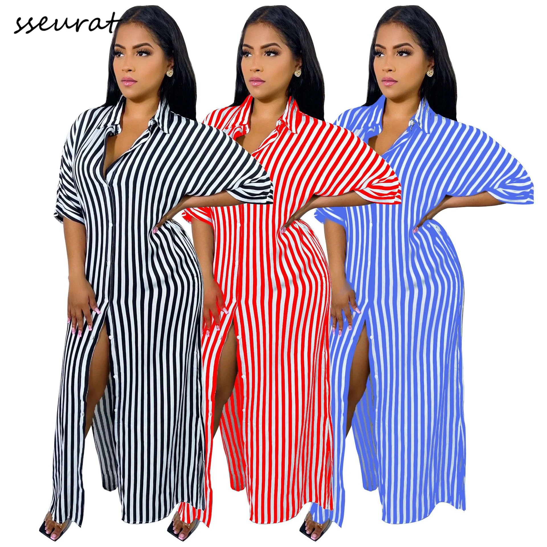 

Женское длинное платье-рубашка в полоску, однобортное облегающее платье макси с отложным воротником, лето 2022