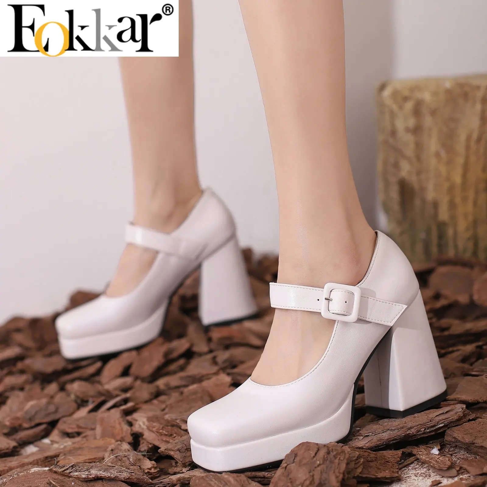 Eokkar Square Toe Mary Janes Platform Chunky High Heels Buckle Comfortable Pumps 2023 Elegant Dress Pumps Thick Heel Party Shoes