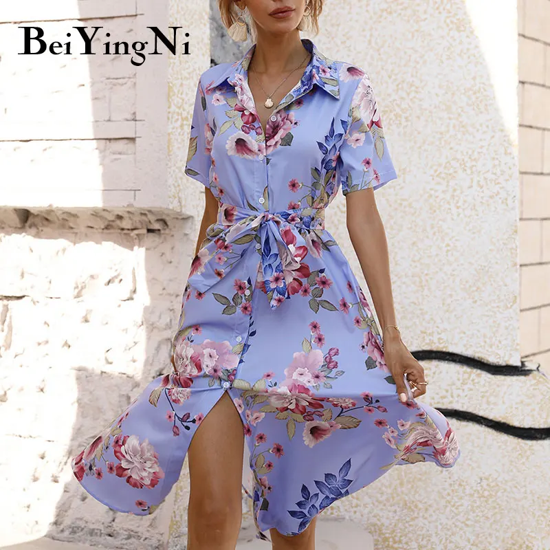 

Beiyingni Dresses Women's Button Up Sashes Short Sleeve Turndown Collar Split Printing Female Midi Dress Casual A-line Vestidos