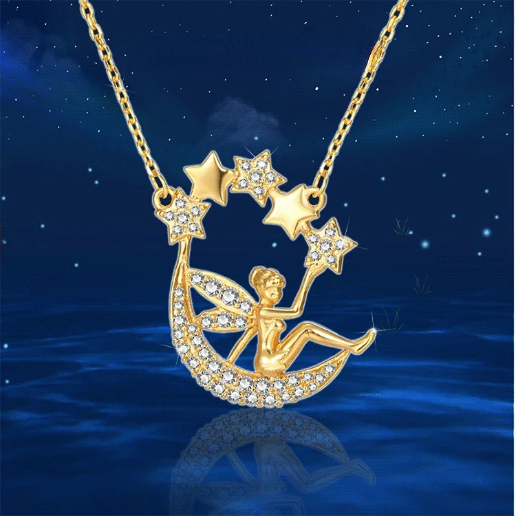 

999 Pure Gold Color Moon Fairy Pendant 3D Hard Gold 18K Gold Necklace Female Fine Christmas Gift Real Gold Chains Jewelry Gifts