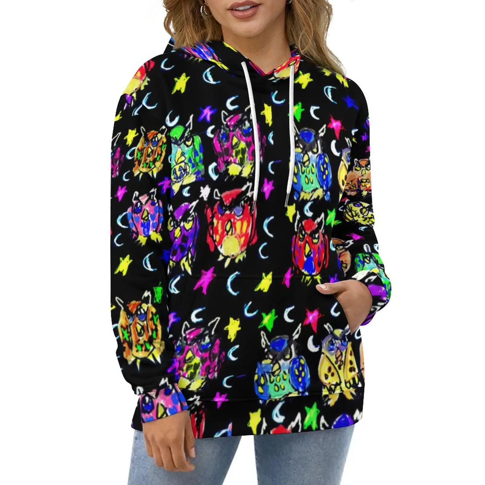 

Owl Print Casual Hoodies Fall Stars Moon Y2k Hoodie Couple Long-Sleeve Oversized Street Wear Pattern Loose Clothing