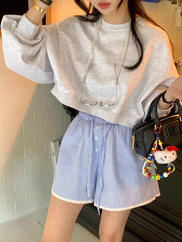 Летние шорты Korobov из Южной Кореи винтажные со шнуровкой и высокой талией широкими