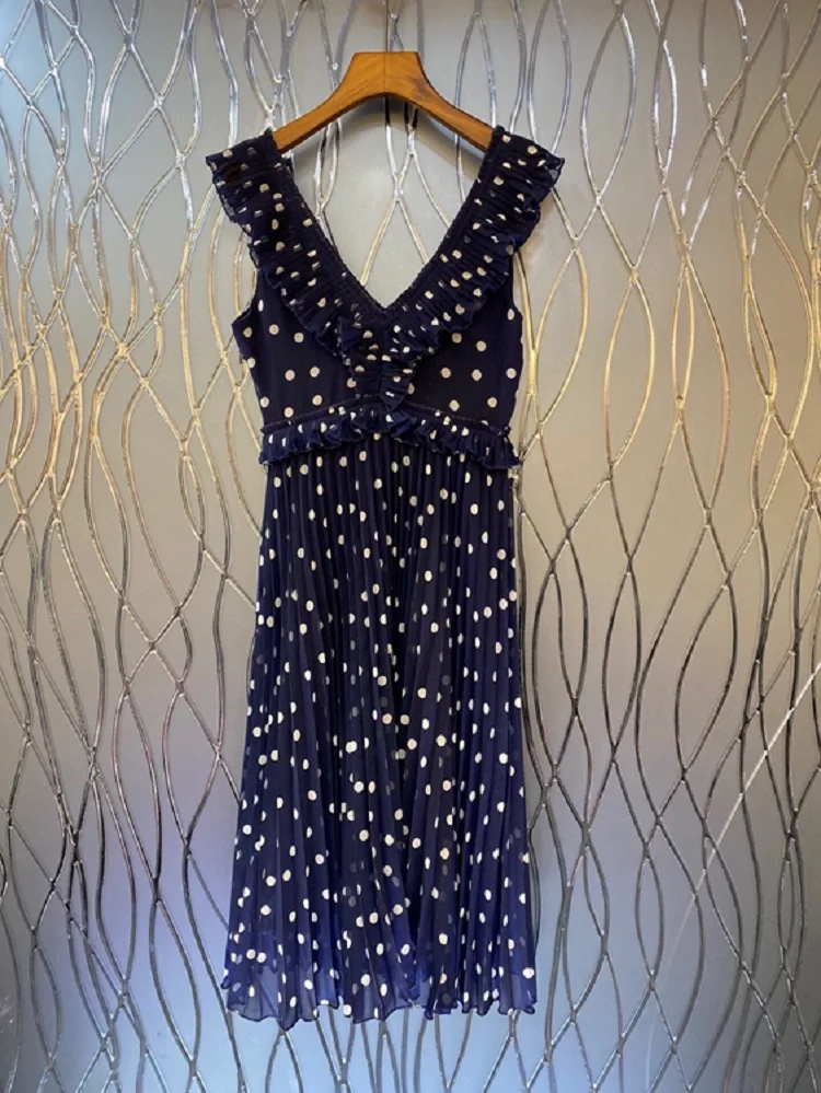 Newest Fashion Summer Dress 2022 High Quality Clothes Women V-Neck Polka Dot Prints Sleeveless Mid-Calf Pleated Dress Dark Blue