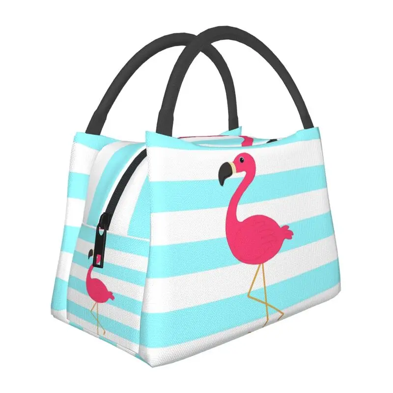 

Custom Pink Flamingo On Stripes Lunch Bags Men Women Cooler Thermal Insulated Lunch Boxes for Work Pinic or Travel