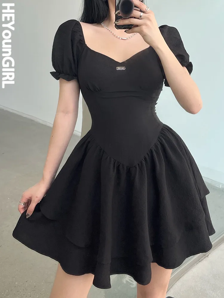 HEYounGIRL Puff Sleeve Black Dress Elegant Chic Slim Evening Party Pleated Dresses Ladies Vacation Clothes Korean Style Dress