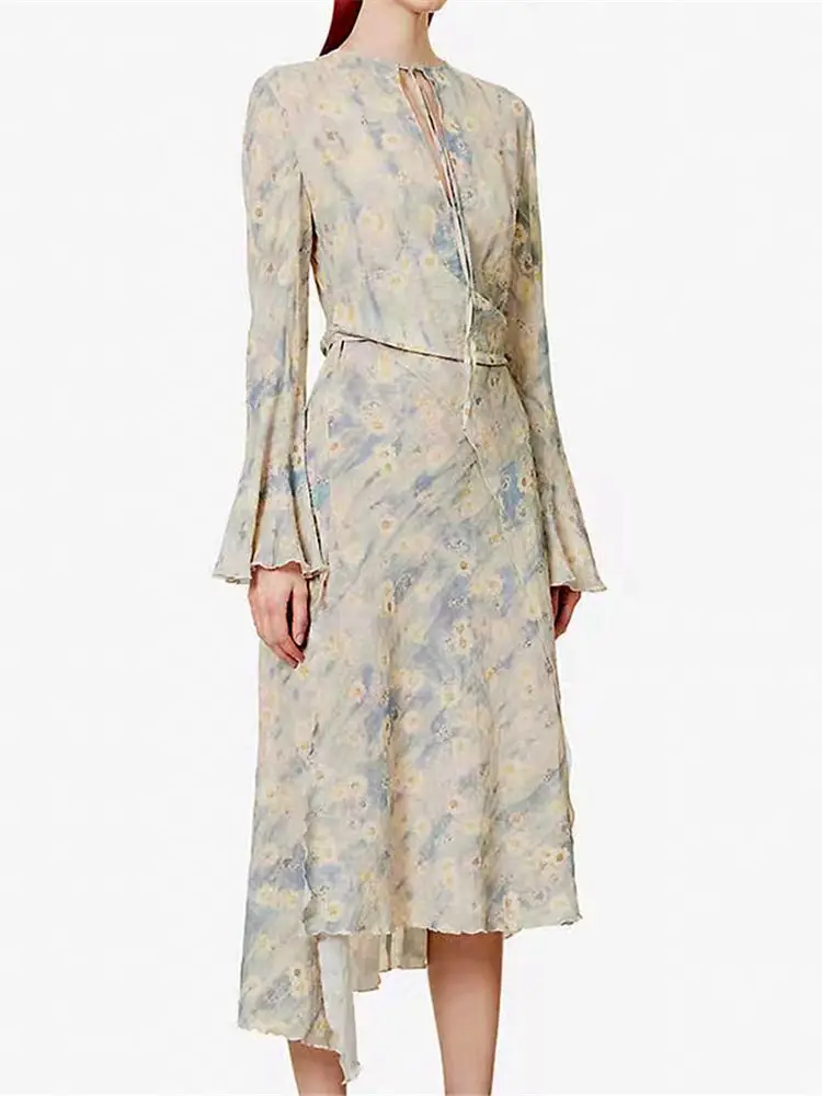 

Women Vintage Lace-Up Collar Midi Dress 2023 Spring Summer Female Daisy Print Flare Sleeve Slim Waist Asymmetric Long Robes