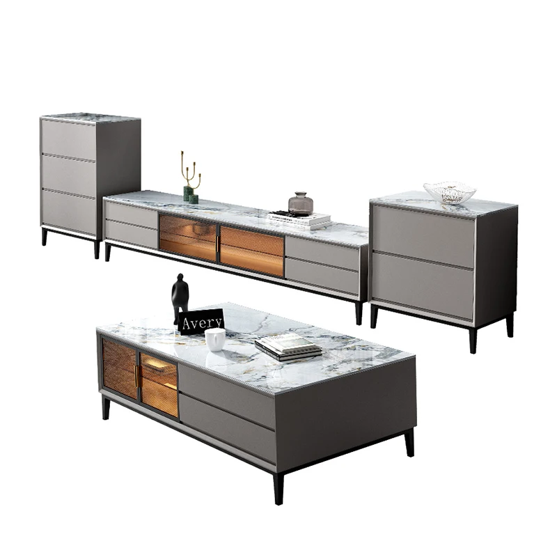 

Nordic Stone Plate Coffee Table TV Cabinet Combination Light Luxury Modern Tea Table Simple Floor Cabinet