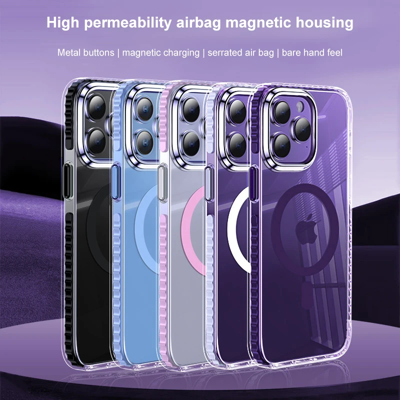

Прозрачный чехол для iPhone 14Plus 13Pro Magsafe, цветная подушка безопасности, чехол с металлическими кнопками для беспроводной зарядки, для iPhone 15