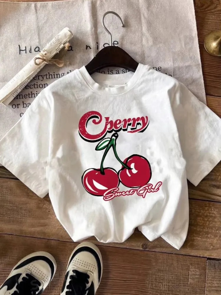 Y2K Cherry Bow Printed T Shirt Women Vintage Trendy Cute Coquette Tee Short Sleeve Cottagecore