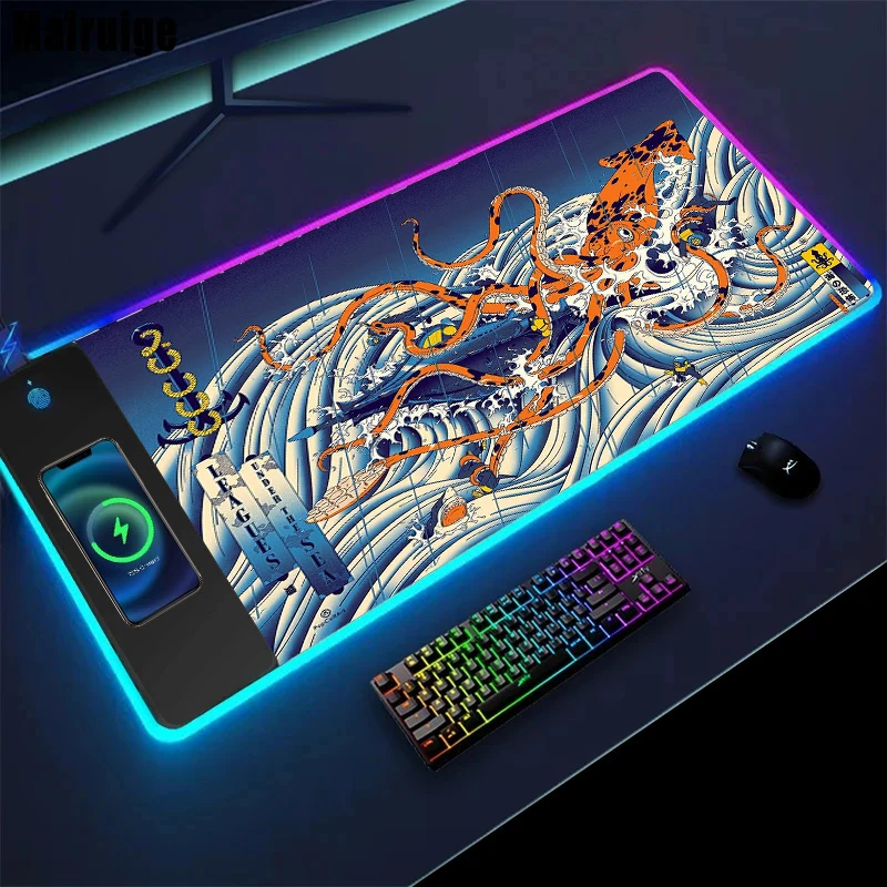 

Wireless Charging Office Accessories Ukiyo-e Mousepad Gamer 900x400 Sea Monster Anime Mouse Pad Octopus Desk Mat Pc Xxl Mice