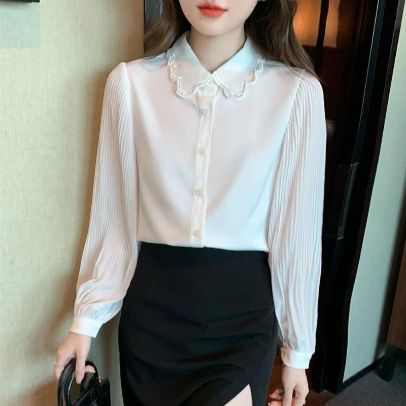 Spring and Autumn 2022 New Fashion Tops Women's Shirt High-End Long Sleeve Western Style White Chiffon Shirt Women's Clothing