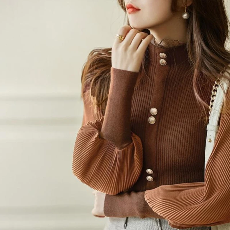 

Осенний элегантный шифоновый свитер в стиле пэчворк с воротником «хомут», женские зимние Новые Корейские вязаные топы, женские пуловеры с длинным рукавом 2023
