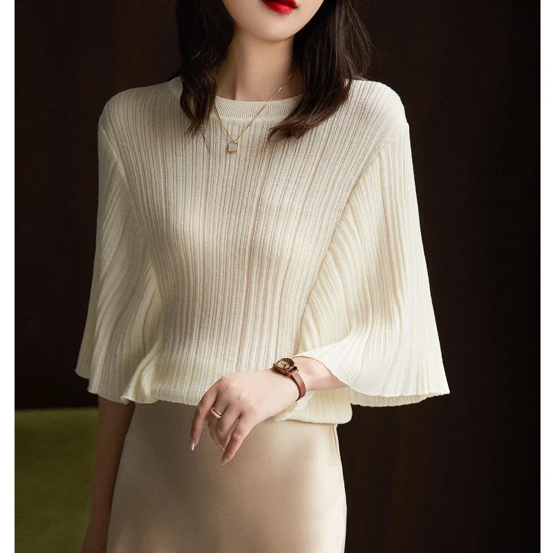 

Loose White Sweet Tops Fashion Bat Sleeve Knitted Shirt Korea Half Sleeve Top for Women Casual Knit Top Blusas Elegant 27618