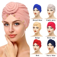 solid cotton beanie for women donut turban bead plate flower hat islamic headscarf female turbans muslim cap headwrap skullies