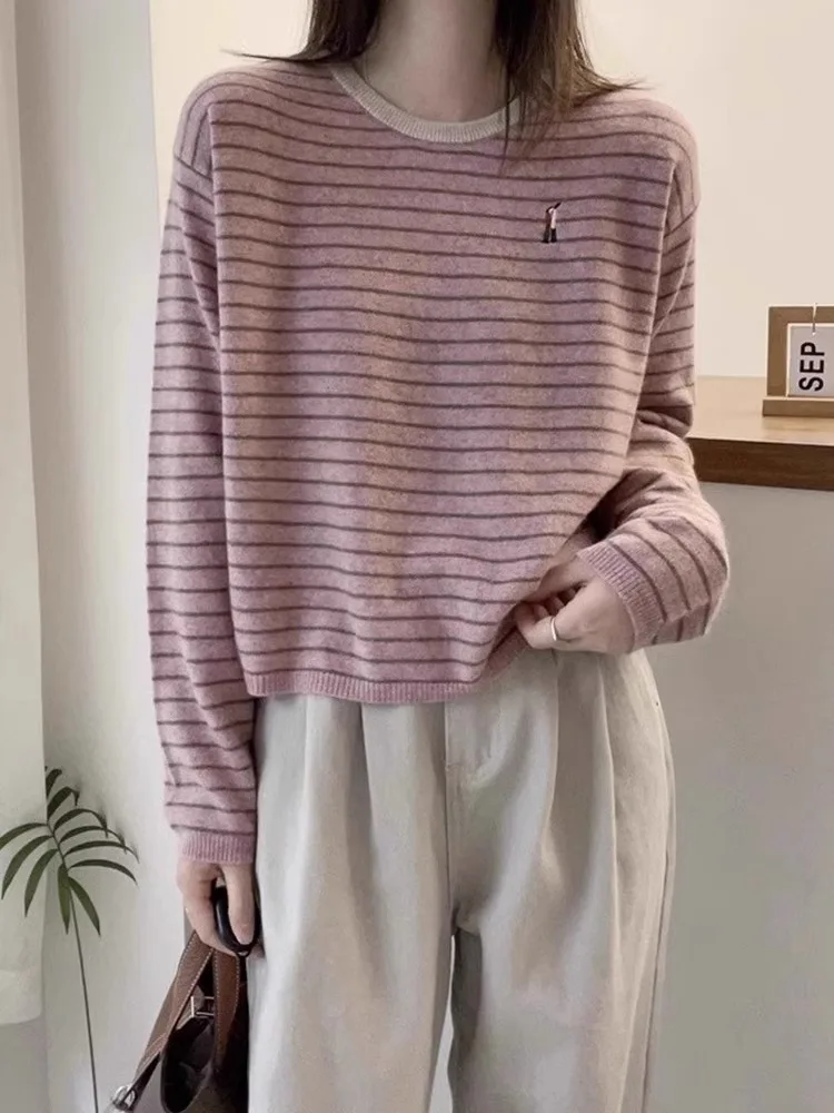 Осенне-зимняя удобная и универсальная рубашка в полоску с круглым вырезом