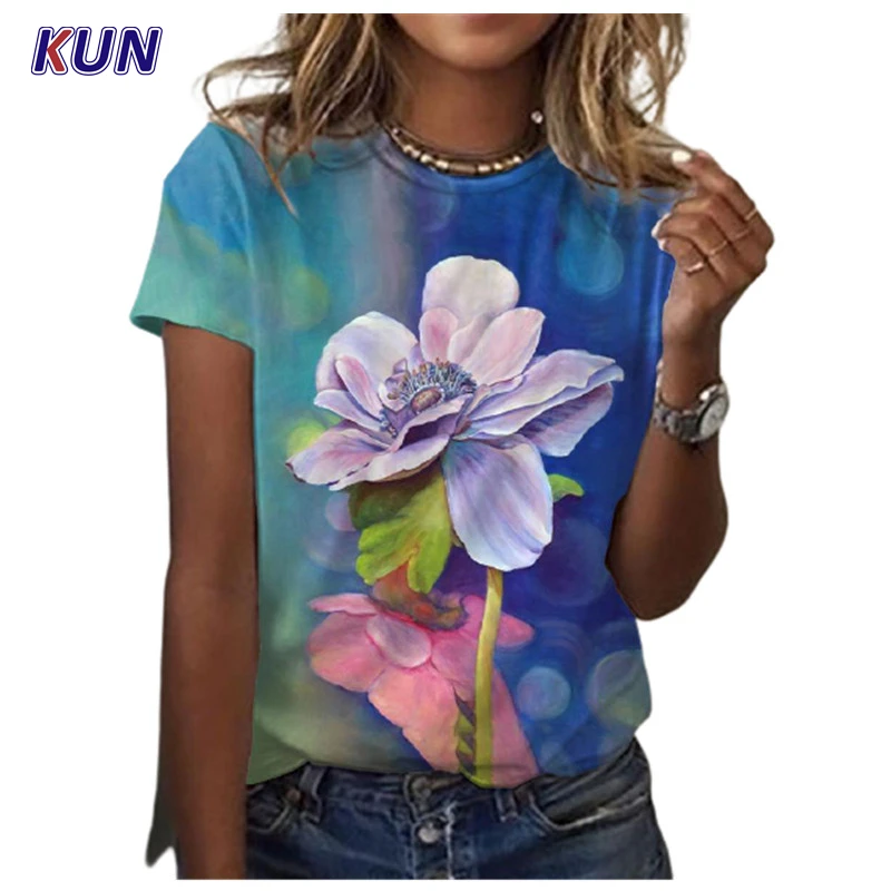 

2022 Summer Women's Fashion Short-sleeved T-shirt O-neck Polyester 3D Printing Floral Casual Loose Top Urban Elegant Clothing