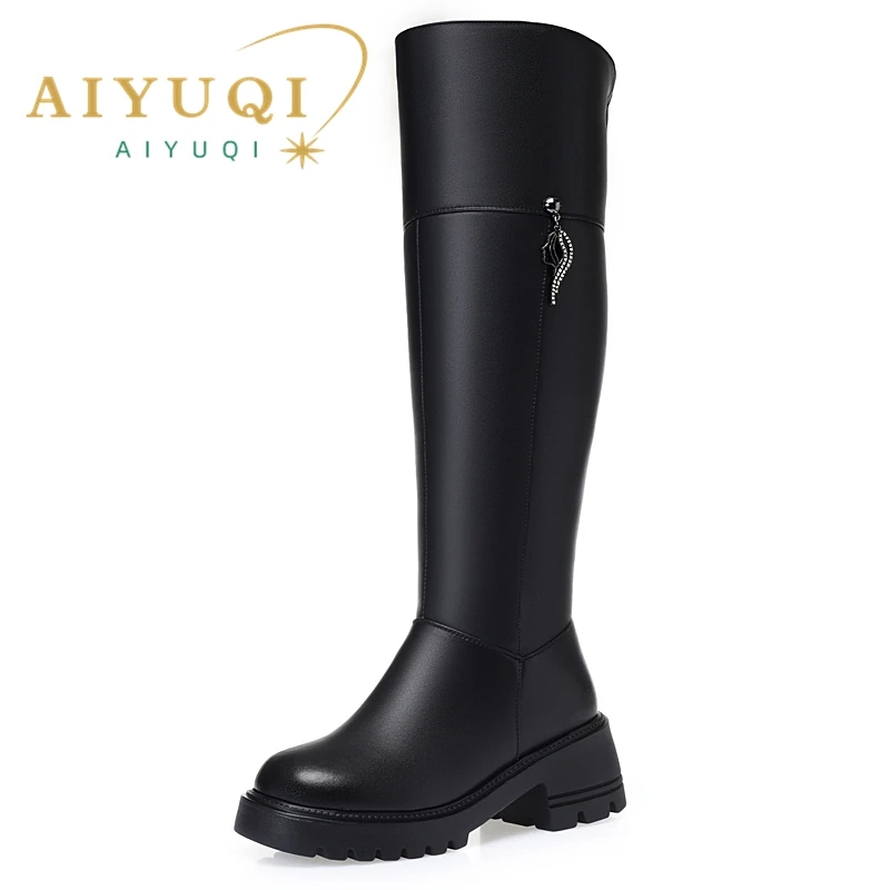 AIYUQI Women's Over The Knee Boots 2023 New Genuine Leather Winter Boots Women Wool Heel Platform Women's Boots