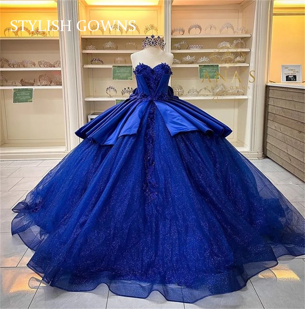 

Royal Blue Sweetheart Ball Gown Quinceanera Dress Pleats Birthday Prom Dresses Appliques Graduation Vestido De 15 Anos